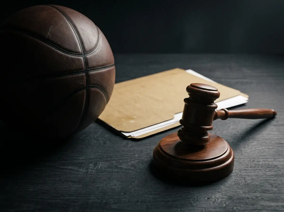 Close-up of an official NBA basketball on a hardwood court with a gavel beside it representing the 2025 integrity investigation